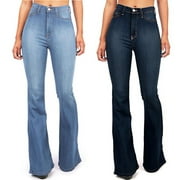 Flare bell Bottom Jeans Womens Dark Blue Jeans Tummy Control Buttons Mid Rise Skinny Retro Juniors Denim Pants XXXX-Large